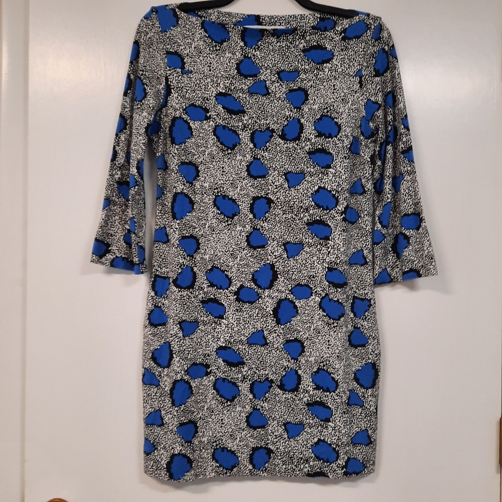 Diane Von Furstenberg Sz 12 Blue Leopard Jersey Knit Mini Dress 3/4 Sleeve